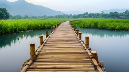 Naklejka premium Scenic bamboo bridge over tranquil waters.