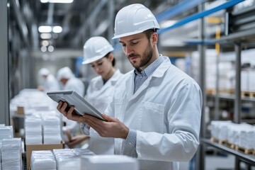Man in a White Lab Coat and Hard Hat Using a Tablet in a Factory Setting