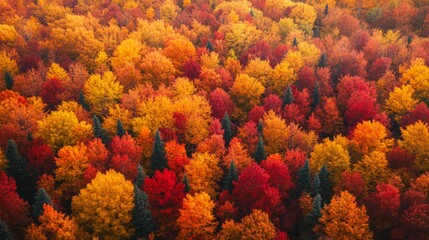 Aerial View of a Forest in Vibrant Autumn Colors