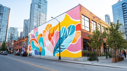 An expansive mural featuring dynamic colors and abstract shapes adorns a building in a bustling downtown, blending art with urban architecture elegantly.