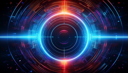 Fototapeta premium Dark tech abstract background with neon glow. Cyber circle laser figure on abstract background