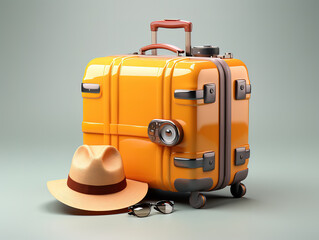 Fantastic Yellow suitcase with sun glasses and hat on yellow background travel concept