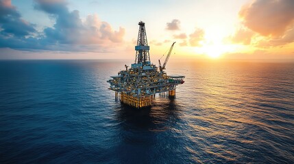 An offshore oil rig stands majestically against a vibrant sunset, surrounded by calm ocean waters, showcasing energy and engineering.