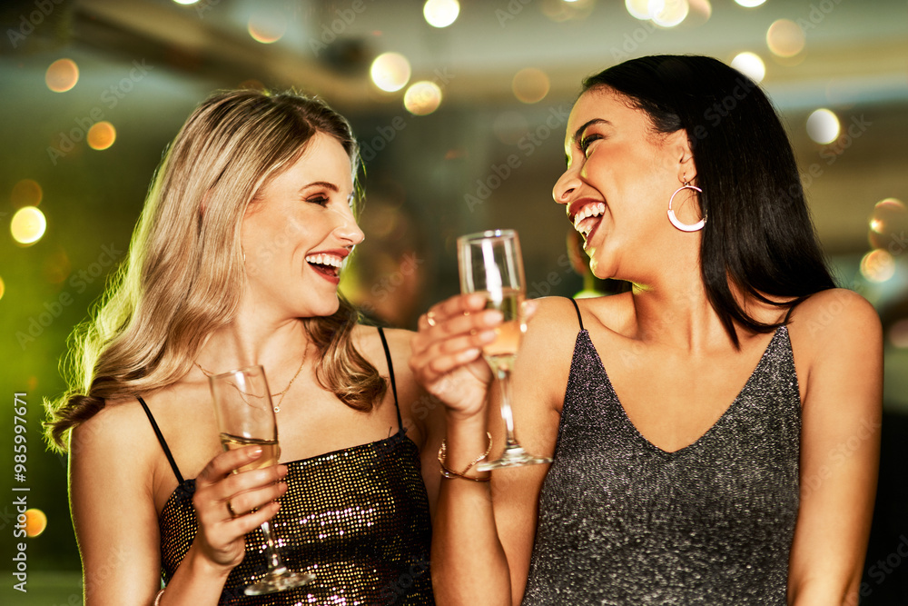 Poster Excited, friends and toast with wine glass at nightclub for birthday celebration, social reunion or luxury party. Smile, women and alcohol cheers of new years, festival congratulations and happy hour