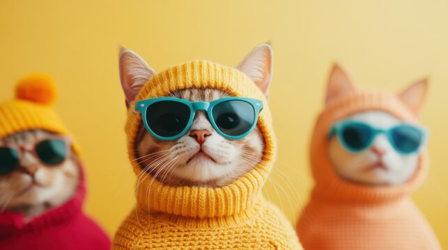 Three fashionable cats wearing sweaters and sunglasses, posed against a colorful backdrop, exuding cool and confident vibes in a trendy setting.