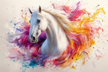majestic white horse rendered in flowing watercolor strokes mane and tail swirling with vibrant splashes of pastel colors on textured paper