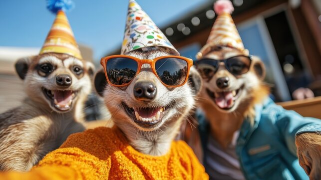 Three joyful meerkats wearing colorful party hats and humorous sunglasses, delightfully posing for a group selfie while basking in the sunny outdoors, festive vibes.