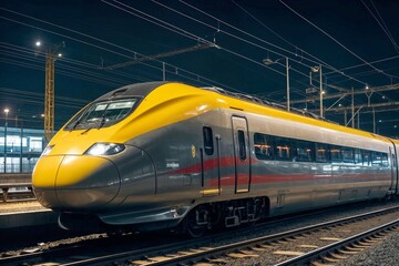 Fototapeta premium High-speed yellow train is on the tracks at night. The train is long and has many windows. The train is moving at night