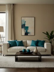 Minimalist modern living room with a white sofa and teal pillows against a beige wall.