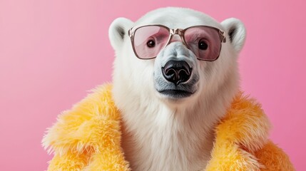 A fashionable polar bear is depicted wearing a vibrant yellow coat and chic pink sunglasses, posing confidently against a solid pink background.