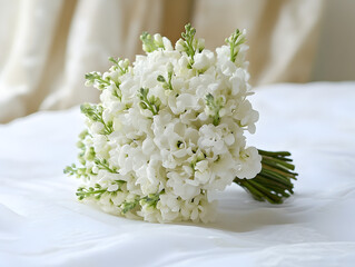 A small wedding bouquet of white flowers.


