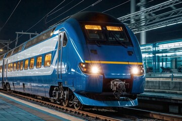 Fototapeta premium A blue train is moving down the tracks at night. The train is long and has many windows