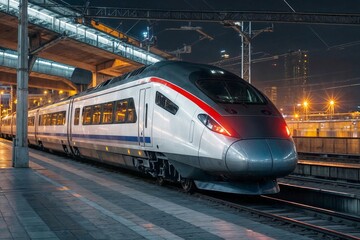 Naklejka premium High-speed silver train with red and blue stripes is parked at a train station at night. The train is long and has many windows. The station is lit up at night, creating a moody atmosphere
