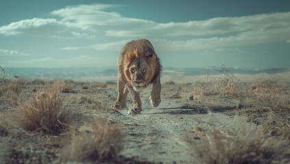 A manticore stalking its prey across a desolate wasteland