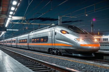 Obraz premium High-speed silver train with orange stripes is on the tracks at night. The train is moving and is surrounded by a dark sky