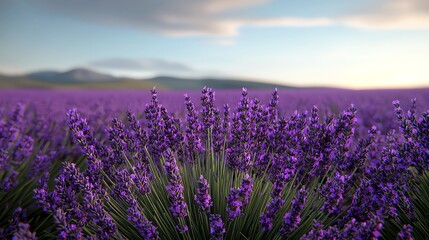 Naklejka premium A serene lavender field under a gentle sky, showcasing vibrant purple flowers swaying in the breeze, perfect for calming imagery.