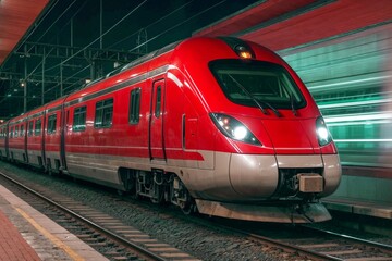 Fototapeta premium A red train is on the tracks, with its headlights on at night. The train is moving quickly, and the lights are shining brightly. Scene is energetic and dynamic, as the train is in motion