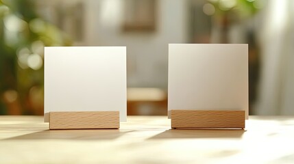 Versatile Blank Signage Boards on Natural Wood Holders: Perfect for Custom Posters, Event Signage, or Sports Decor on a Light-Colored Surface with Soft Background