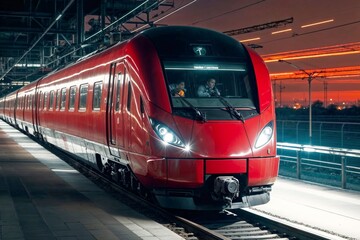 Fototapeta premium A red train is on the tracks at night. The train is moving and has two people inside. The train is surrounded by a dark background, which creates a sense of mystery and adventure