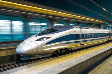 Fototapeta premium A silver train is traveling down the tracks at night. The train is long and sleek, with a bright blue stripe running down the side. The train is surrounded by a yellow line