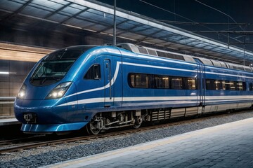 Fototapeta premium High-speed blue train is on the tracks at night. The train is moving and has a bright light on the front