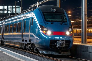 Fototapeta premium A blue train is moving down the tracks at night