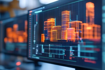 Digital cityscape visualized on computer screens, showcasing modern architecture and technology in a vibrant, futuristic style.