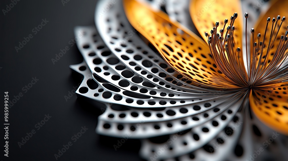 Poster a stunning abstract design featuring spiraled metal elements with vibrant colors, creating a visuall