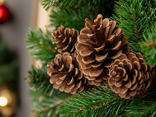 Fototapeta premium Close-up of a holiday wreath with pinecones.