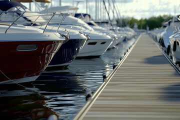 The lines of boats at the docks. Generative AI.