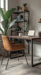 Remote Working. Work Home Office Chic Setup. Laptop Coffee Cup. Indoor Plant. 