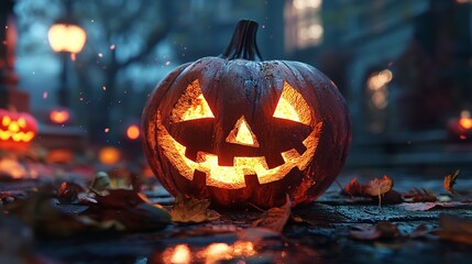 Obraz premium Glowing Jack-o'-Lantern in a Dark and Foggy Forest
