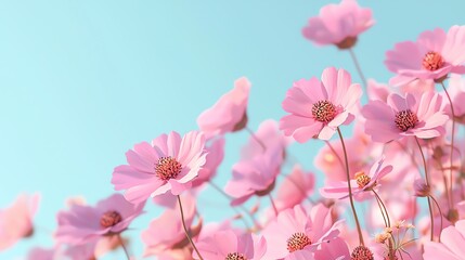 Fototapeta premium A vibrant display of pink flowers against a soft blue sky, creating a serene and uplifting atmosphere in nature.