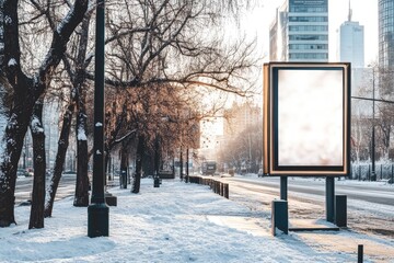 mockup of a billboard on a modern city street, with copy space, for your text and product advertising in the winter