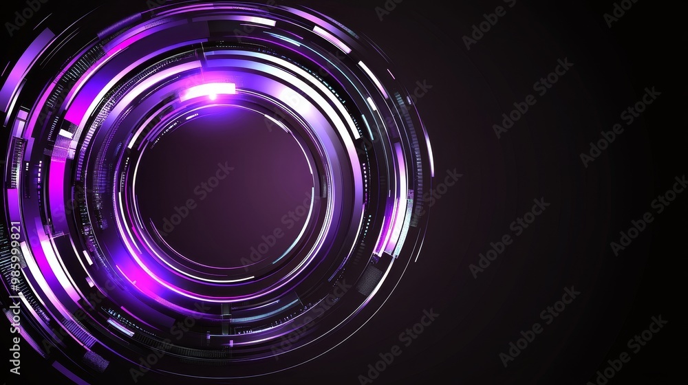 Poster futuristic metallic purple circle interface with glowing lines on dark black background, abstract an