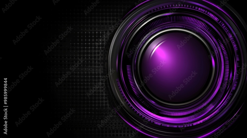 Poster futuristic metallic purple circle interface with glowing lines on dark black background, abstract an