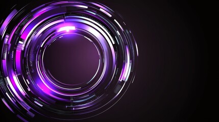 Futuristic metallic purple circle interface with glowing lines on dark black background, abstract and modern technology concept for digital and data visualization