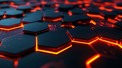 Obraz premium Abstract Pattern of Black Hexagon Tiles with Glowing Orange Edges