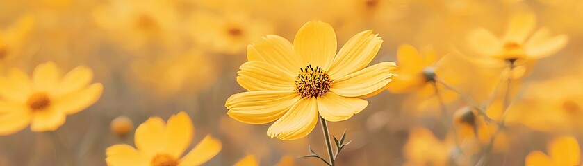 Obraz premium A vibrant field of yellow flowers blooming in sunlight, capturing the essence of nature's beauty and tranquility.