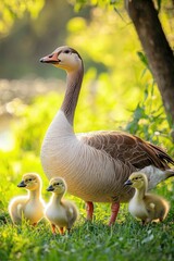 Obraz premium goose with goslings on green grass. Selective focus