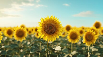 Obraz premium A vibrant sunflower in full bloom, surrounded by a field of golden sunflowers under a clear blue sky.