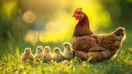 hen with chicks on a background of grass. Selective focus