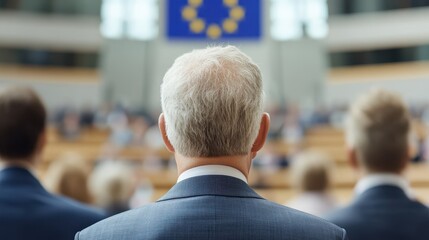 A grey-haired man photographed from the back, likely attending a formal event or political setting with an EU logo prominent in the blur. Individuals sit in focus around him.
