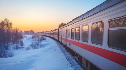 Naklejka premium Train traveling through snowy landscape at sunset