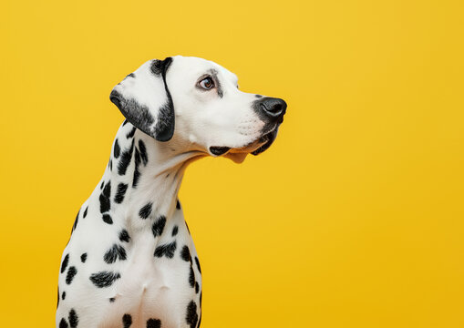 cute dalmatian close up looking left side camera yellow background AI Generate