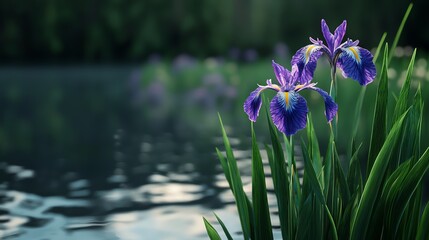 Beautiful purple iris flowers bloom gracefully by serene waters, surrounded by lush green grasses in a tranquil landscape.