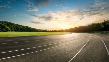 Empty race track and green woods nature landscape at sunset