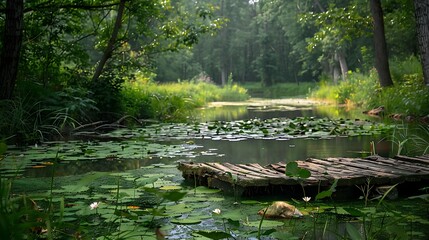 Beautiful green forest in the morning with sunbeams and lens flare