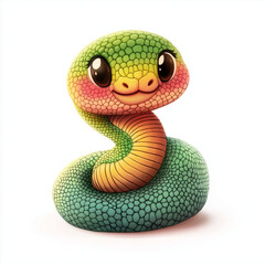 Fototapeta premium Cute cartoon snake with rosy cheeks and big eyes, joyful and friendly on a white background copy space