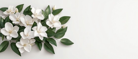 Elegant white flowers with green leaves arranged on a pale background, perfect for floral designs and nature themes.